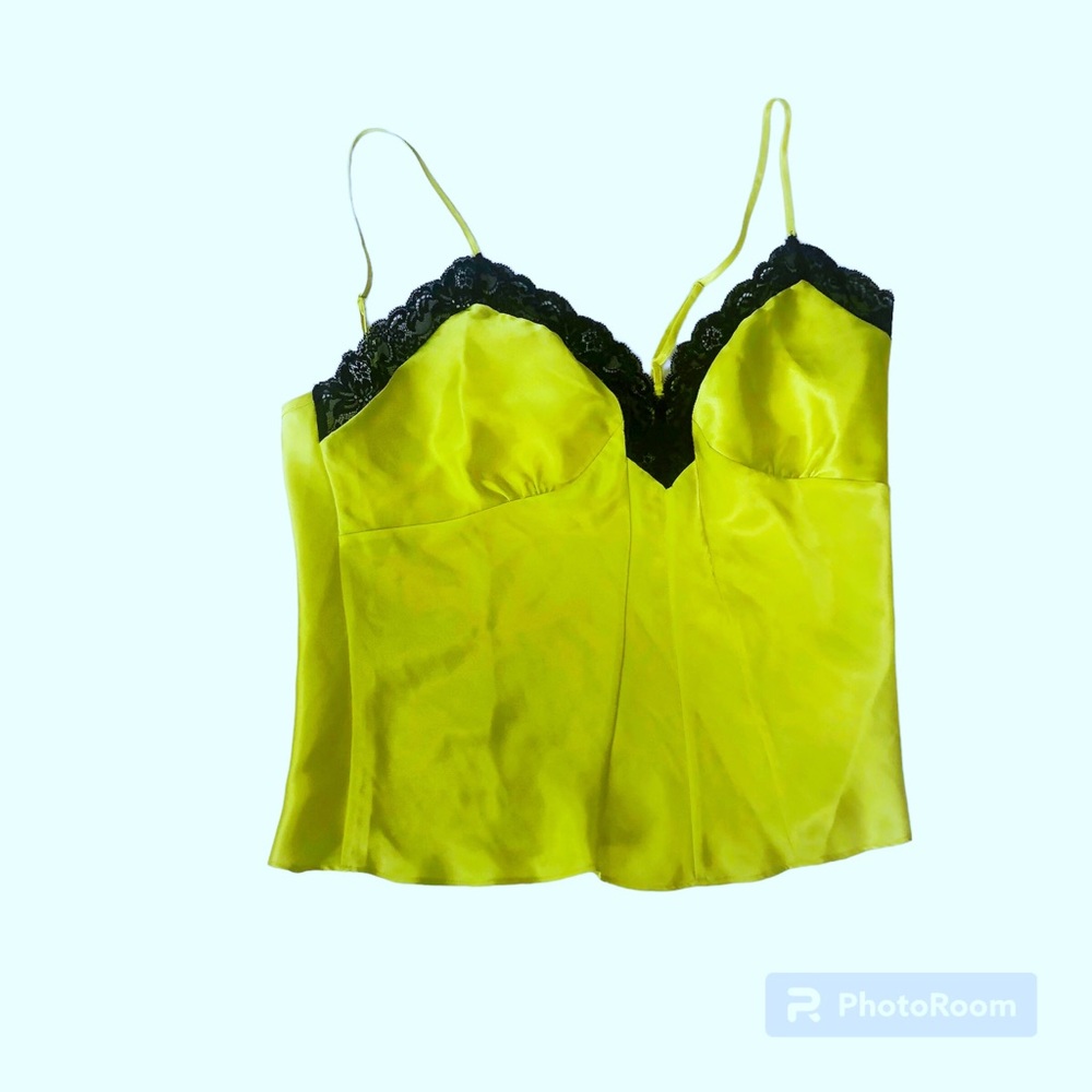 Vintage Victoria’s Secret chartreuse yellow green black lace trim satin camisole